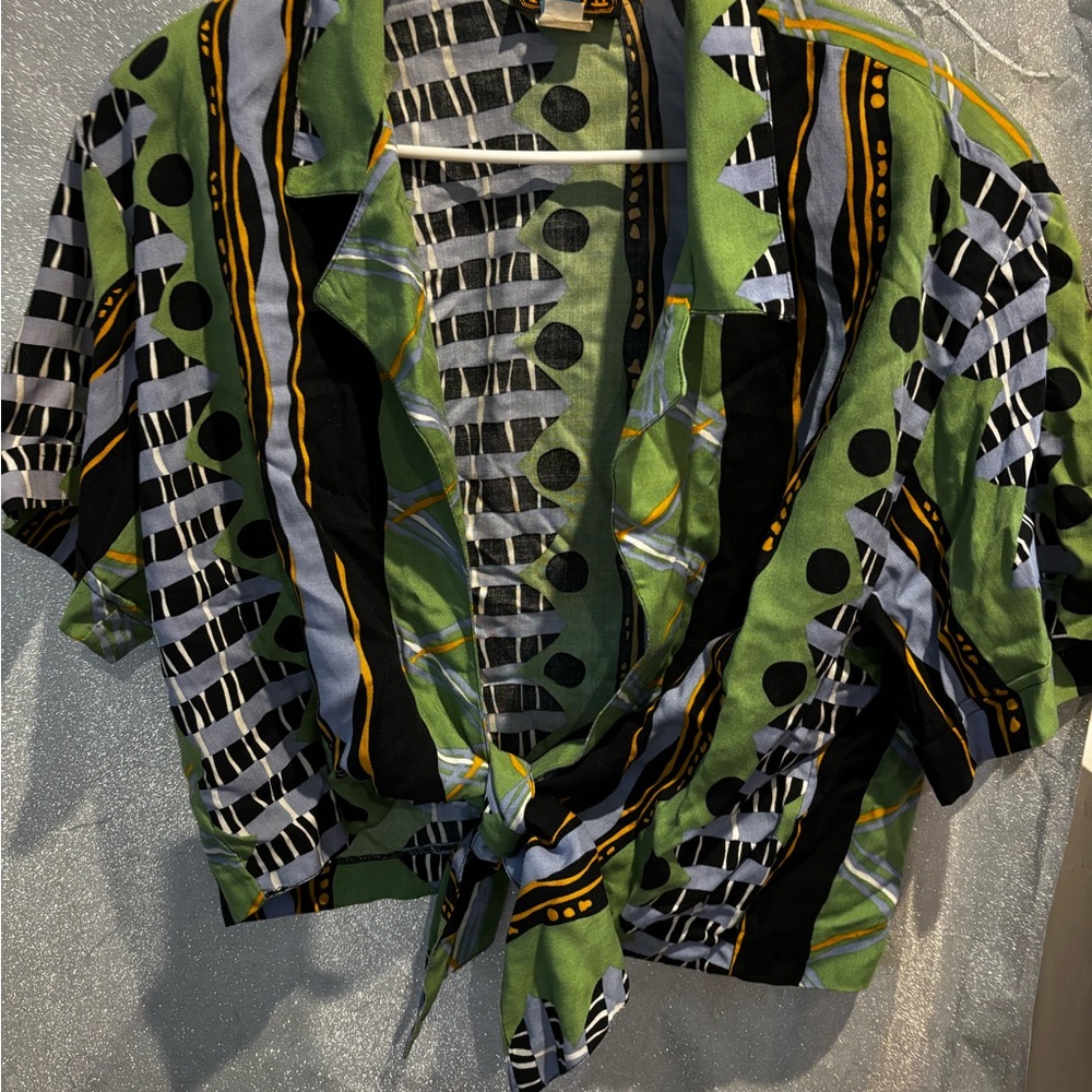 Virgo Green and Black Patterned Tie-Front Top